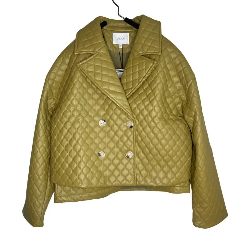 Greylin Sandra Quilted Vegan Leather Jacket & Mini Skirt Algae Green Set M